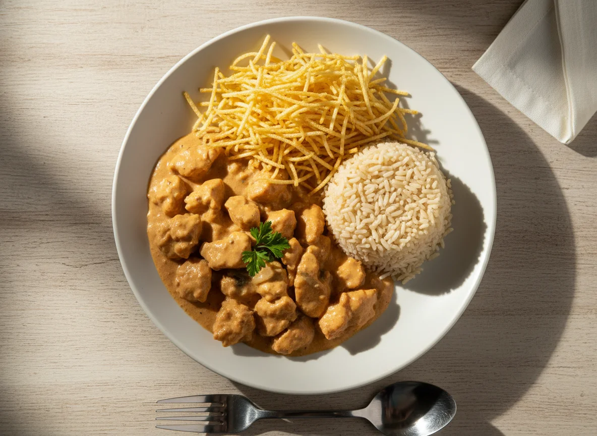 Estrogonofe de frango com arroz integral e batata palha photo