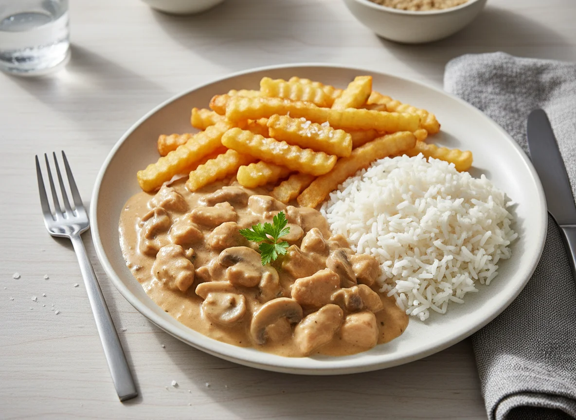 Estrogonofe de frango com batata frita e arroz photo