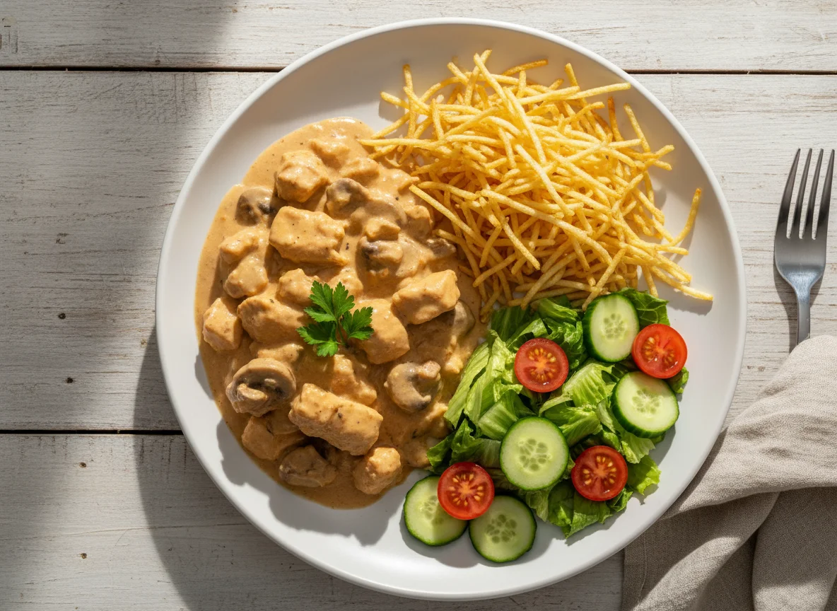 Estrogonofe de frango com batata palha e salada photo
