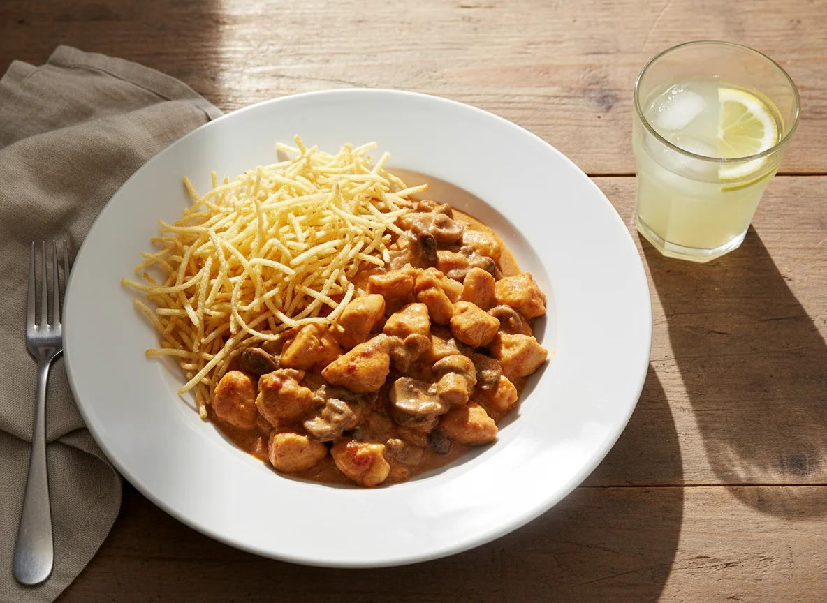 Estrogonofe de Frango com Batata Palha e Suco de Limão photo