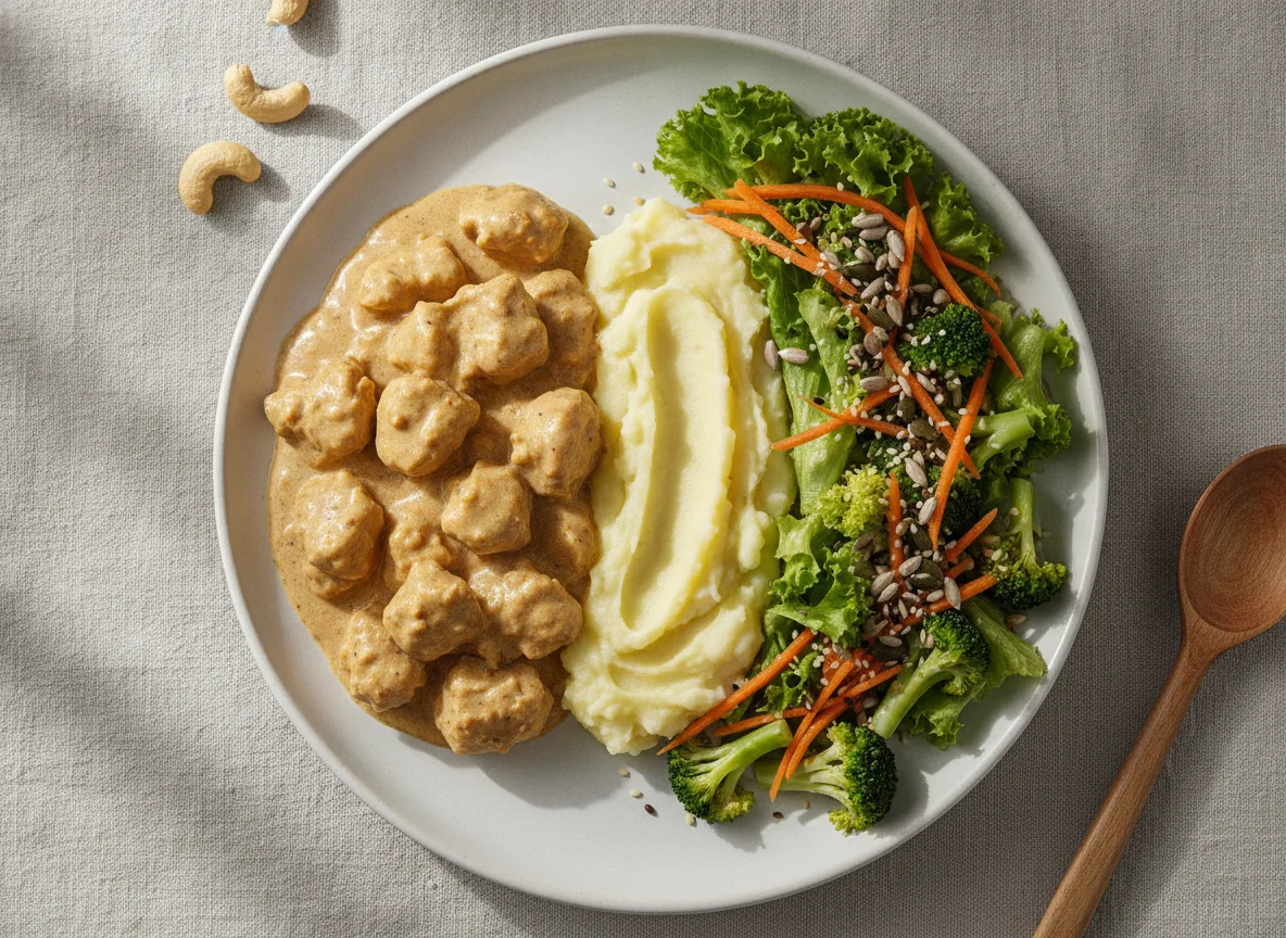 Estrogonofe de frango com creme de castanha, purê de batata e salada photo