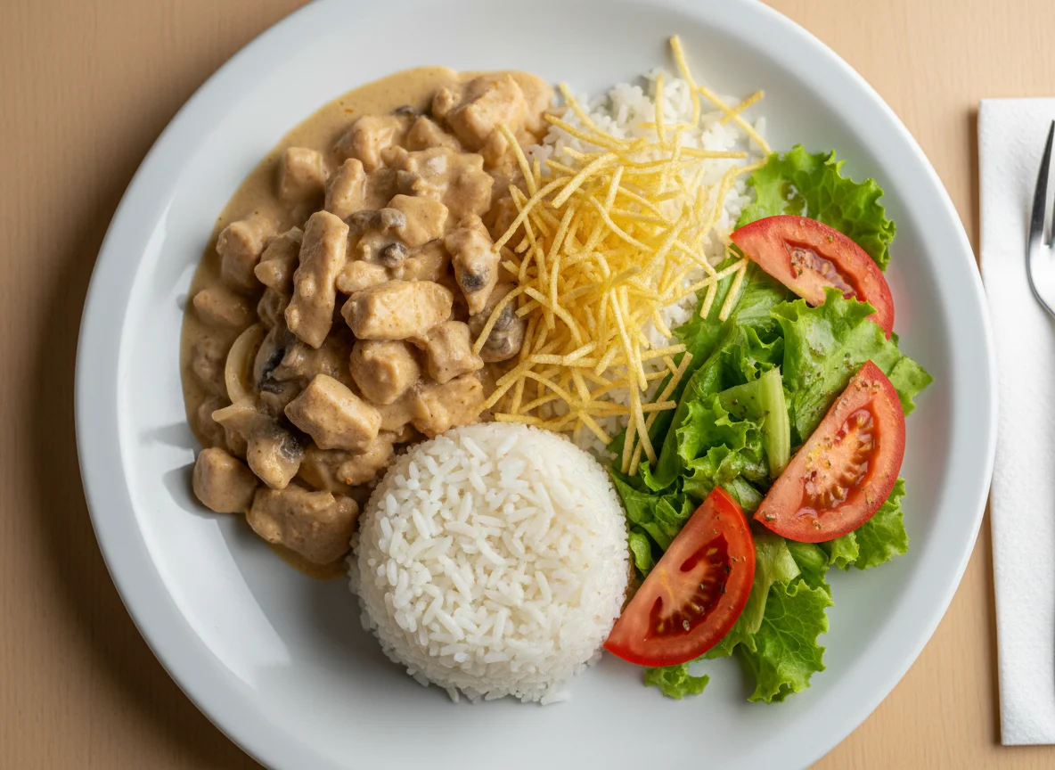 Estrogonofe de frango com salada de alface e tomate photo