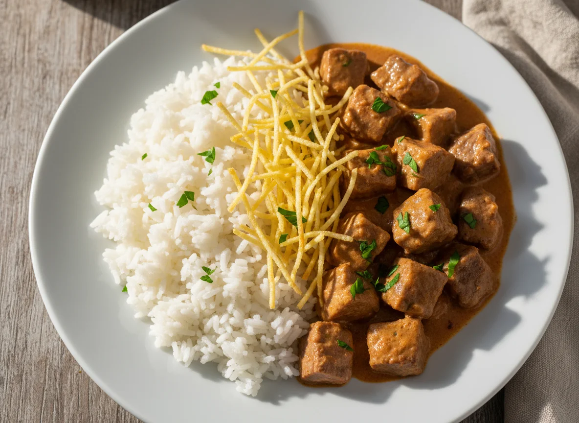 Estrogonoff de carne com arroz photo