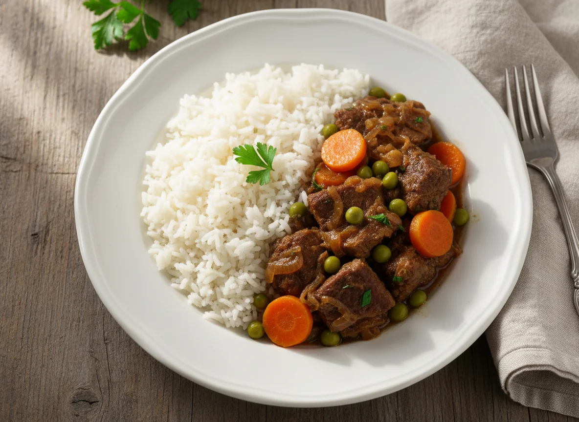 Estufado de carne com arroz e ervilhas photo