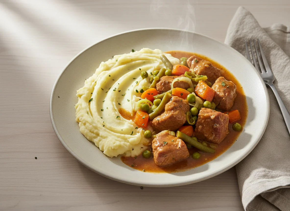 Estufado de carne com puré de batata photo