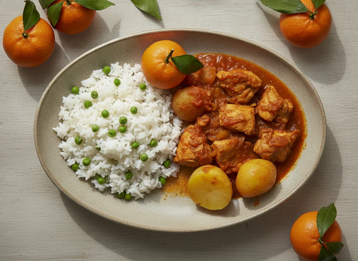 Estufado de frango com batatas, arroz e ervilhas acompanhado de tangerinas photo