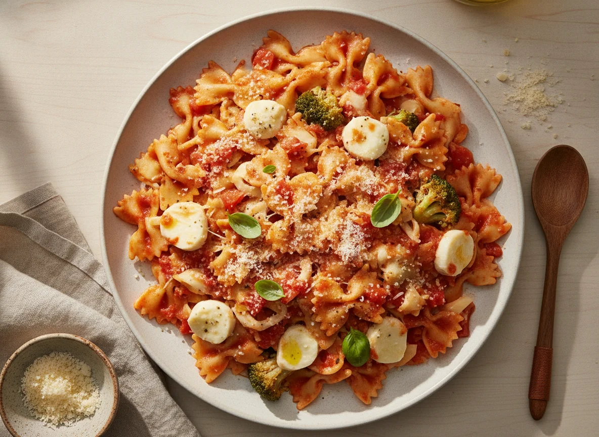 Farfalle ao Molho de Tomate com Queijo, Palmito e Brócolis photo