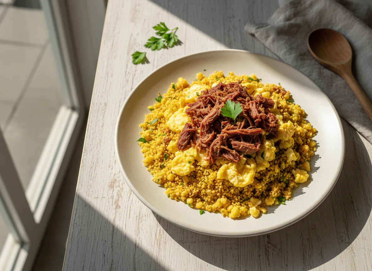 Farofa com carne e ovos photo