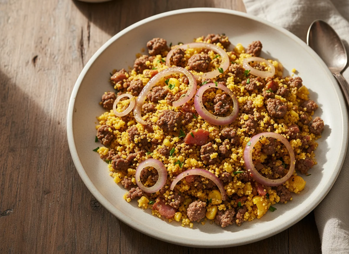 Farofa com carne moída e cebola photo