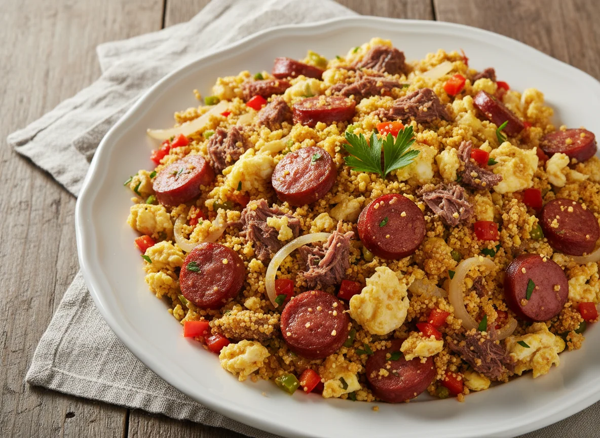 Farofa com carne seca e linguiça photo