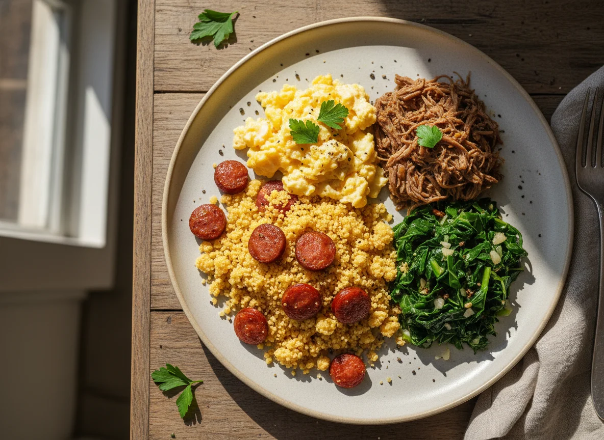 Farofa com linguiça, ovos e carne photo