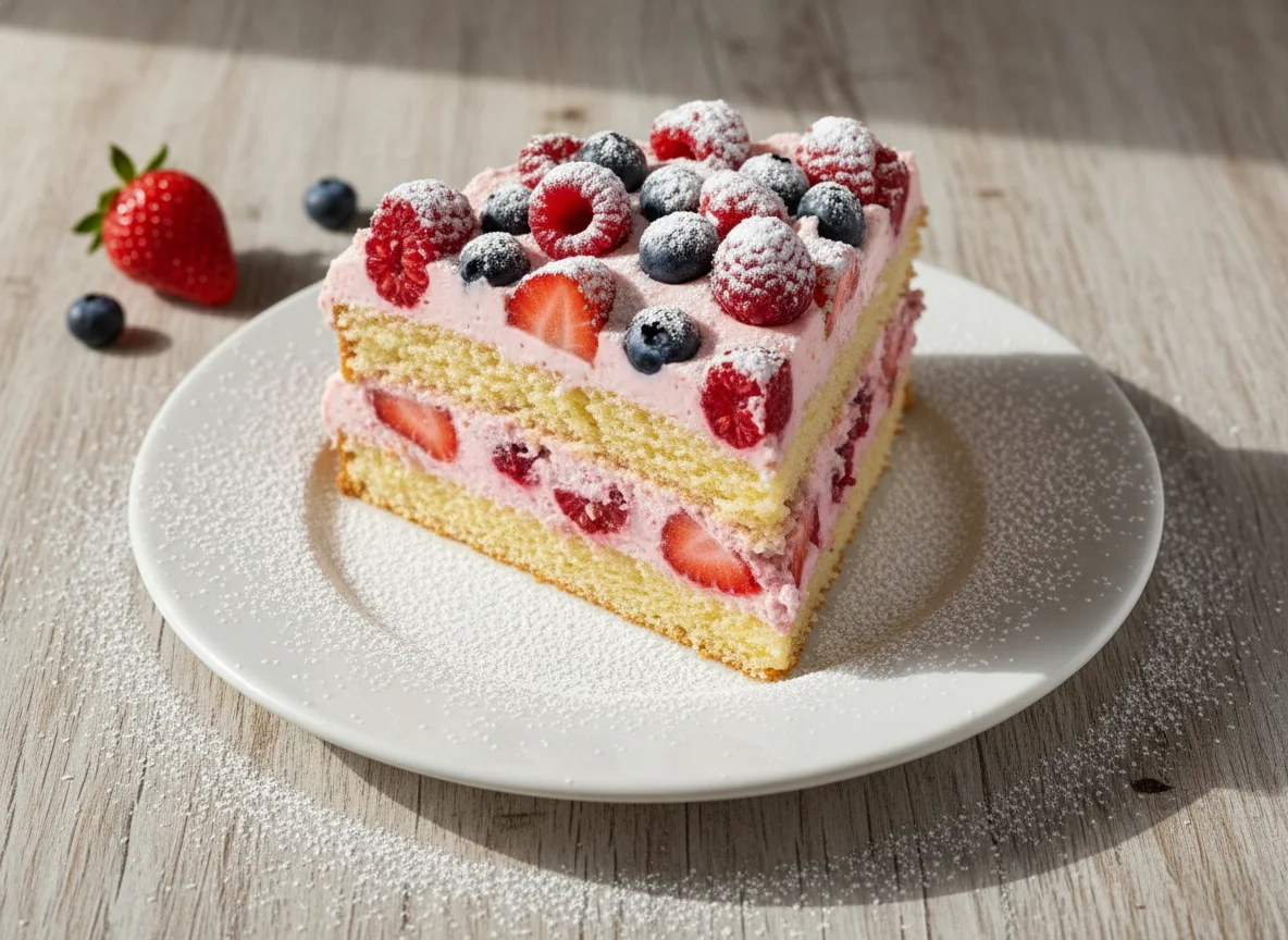 Fatia de bolo com recheio cremoso e açúcar de confeiteiro photo