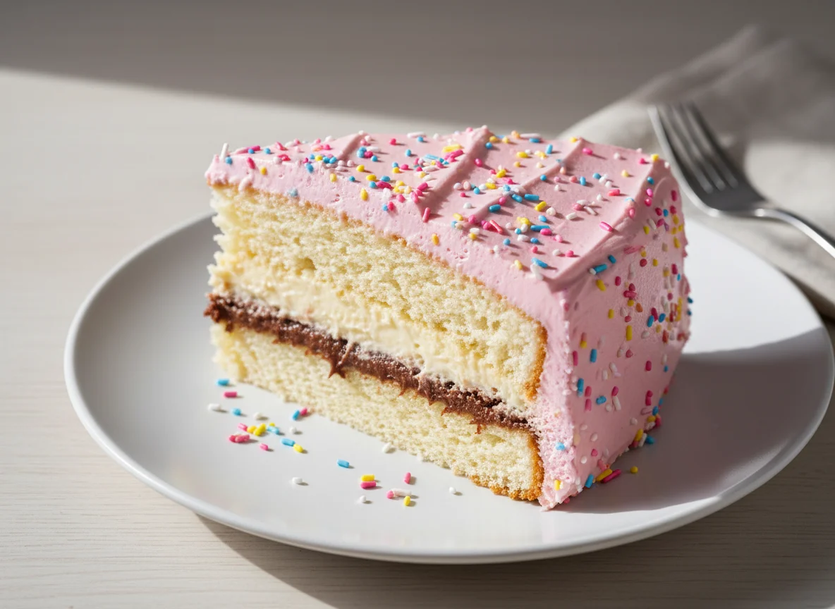 Fatia de bolo de aniversário com recheios e cobertura rosa photo