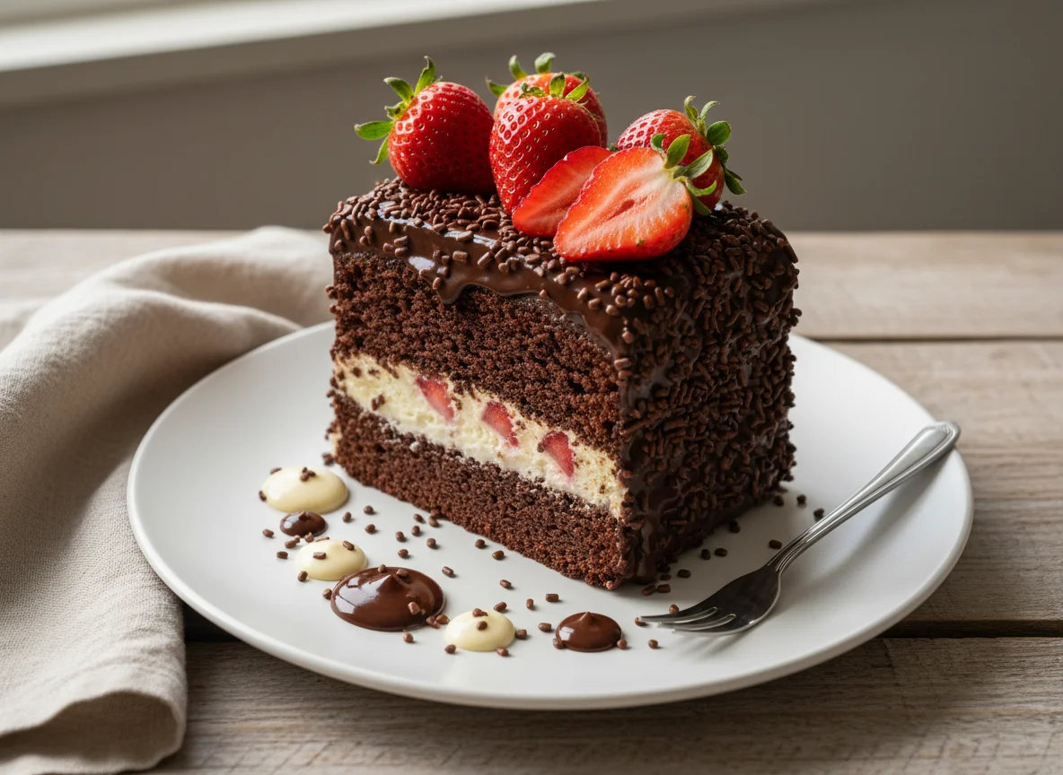 Fatia de Bolo de Chocolate com Morango e Brigadeiro photo