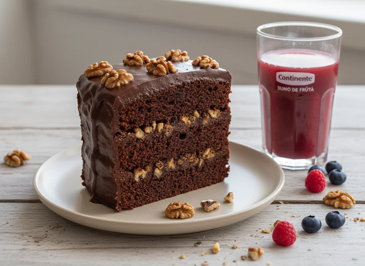 Fatia de bolo de chocolate com nozes e sumo de fruta photo