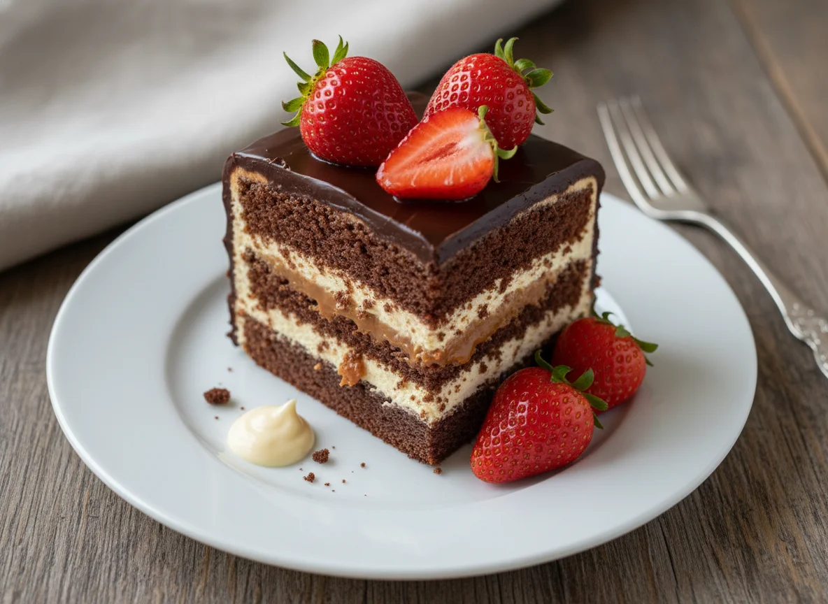 Fatia de bolo de chocolate com recheio e morango photo