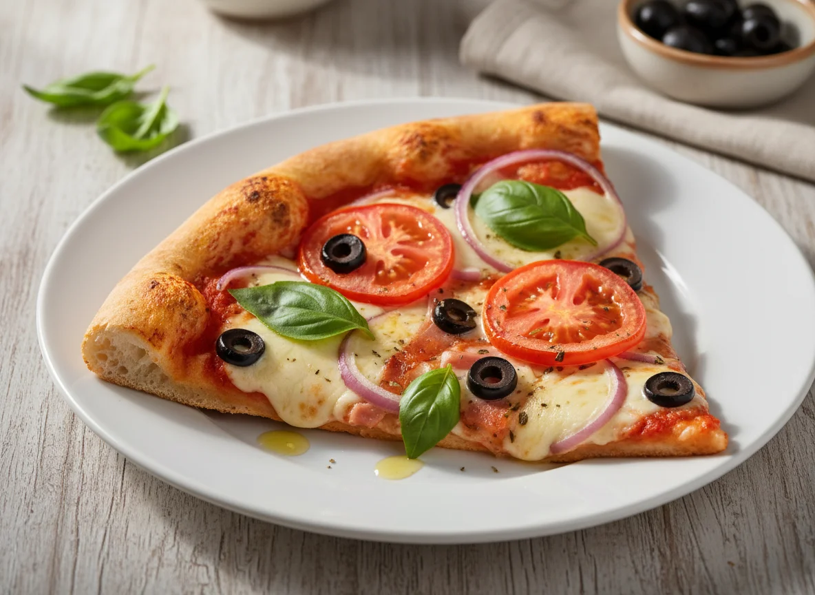 Fatia de Pizza com Azeitonas e Manjericão photo