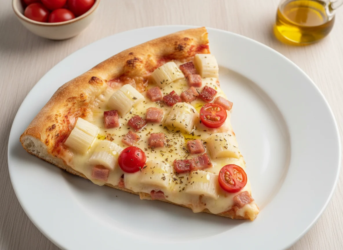 Fatia de pizza com palmito, bacon e tomate cereja photo