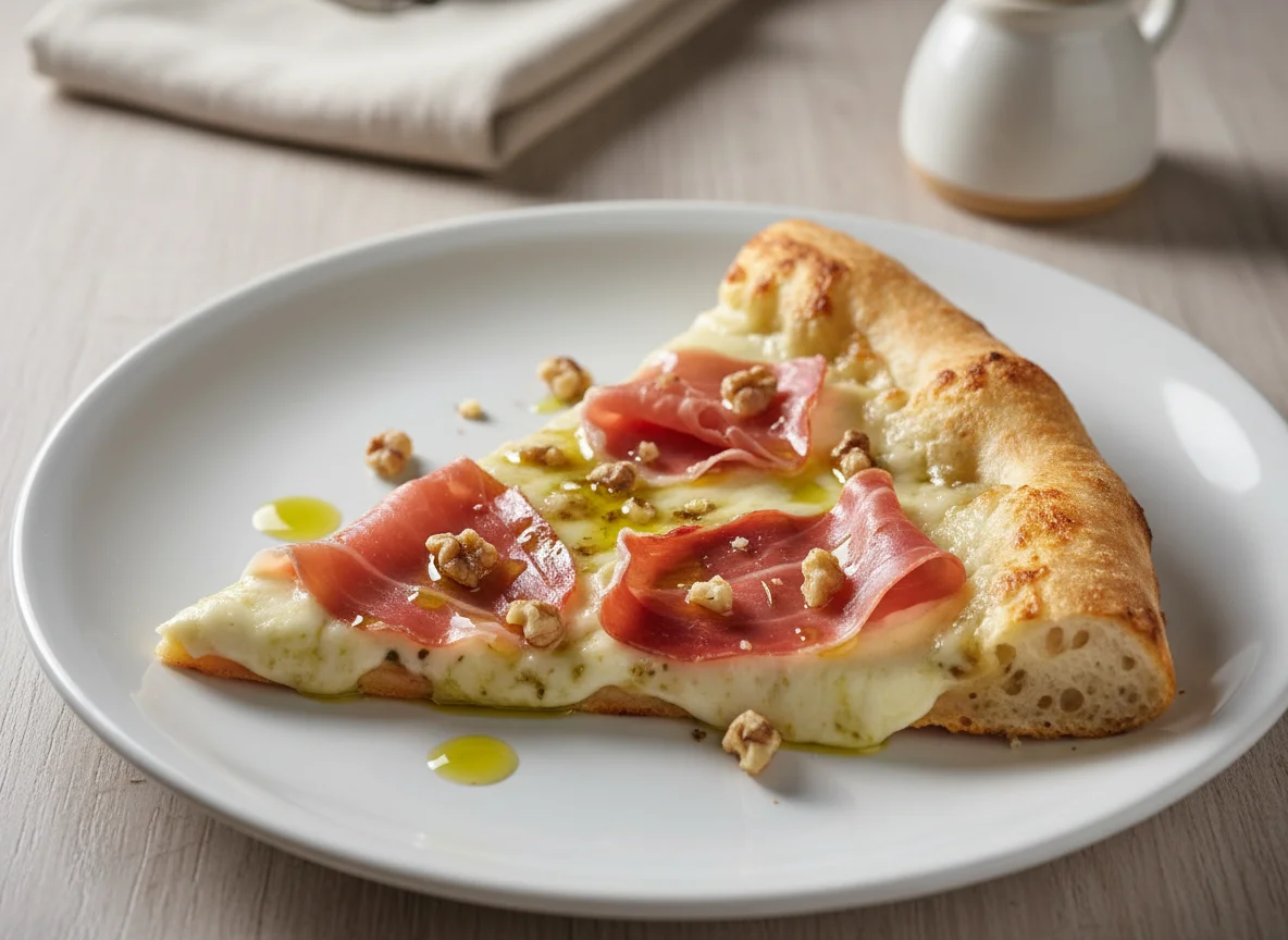 Fatia de Pizza com Presunto Cru, Queijo e Nozes photo