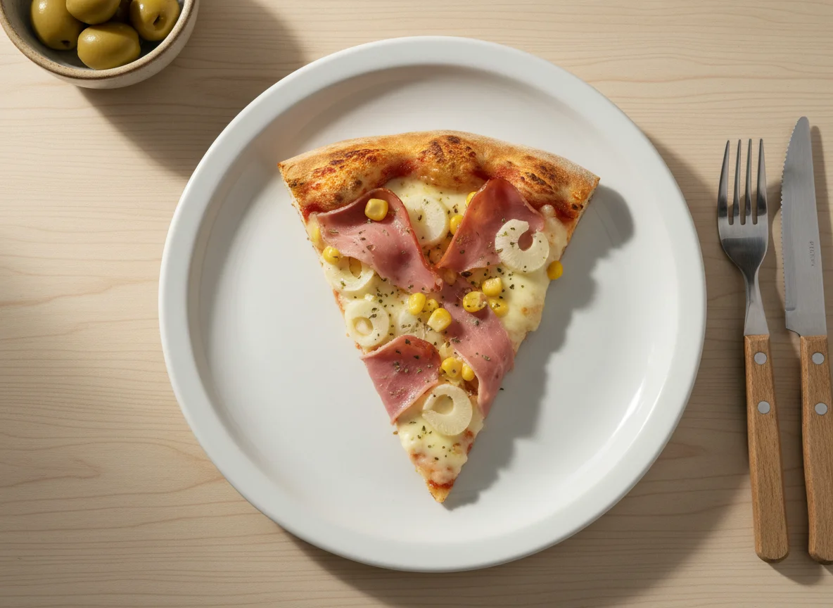 Fatia de pizza com presunto, queijo, palmito e milho photo