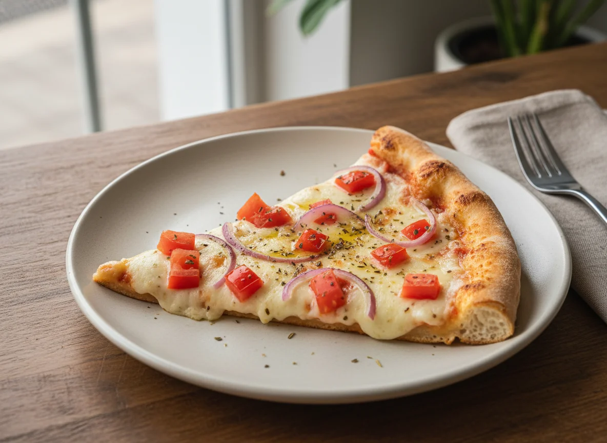 Fatia de pizza com queijo, tomate e cebola photo
