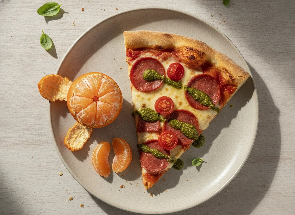 Fatia de Pizza com Salame e Tomate e uma Tangerina photo