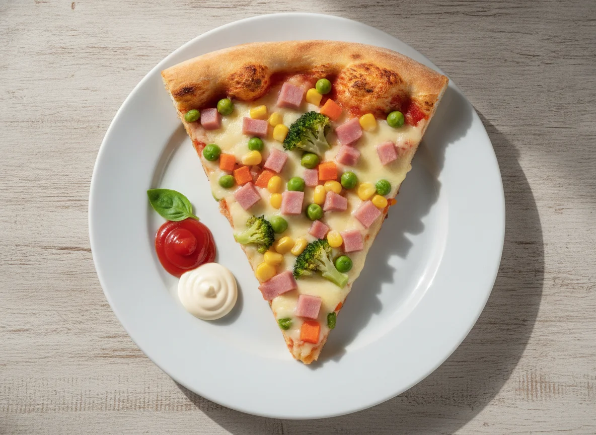 Fatia de pizza com seleta de legumes e molhos photo