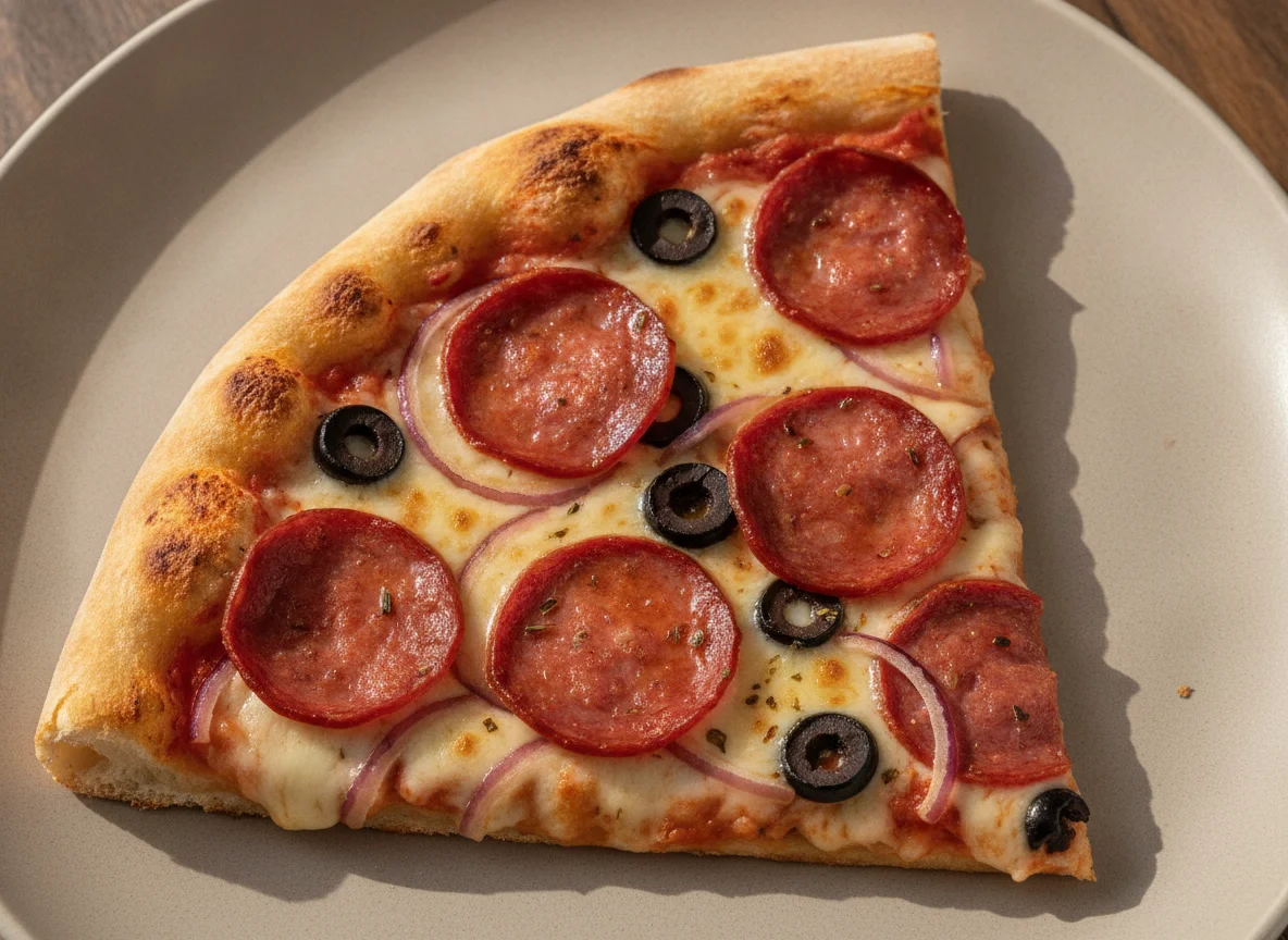 Fatia de Pizza de Calabresa com Cebola e Azeitona photo
