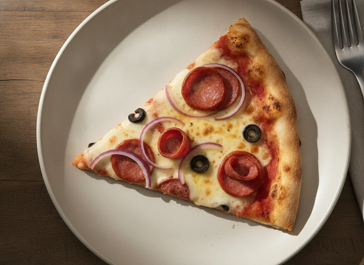Fatia de Pizza de Calabresa com Cebola Roxa photo