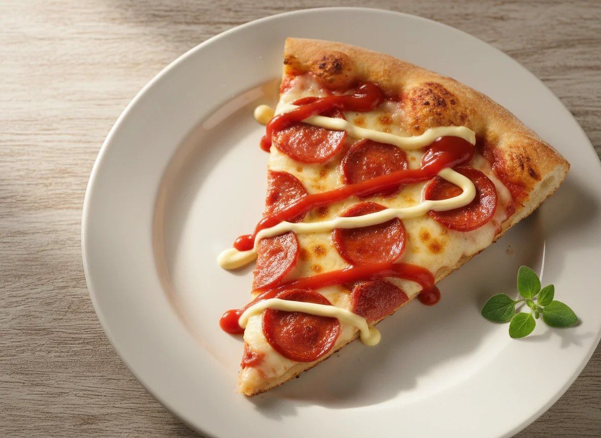 Fatia de pizza de calabresa com ketchup e maionese photo