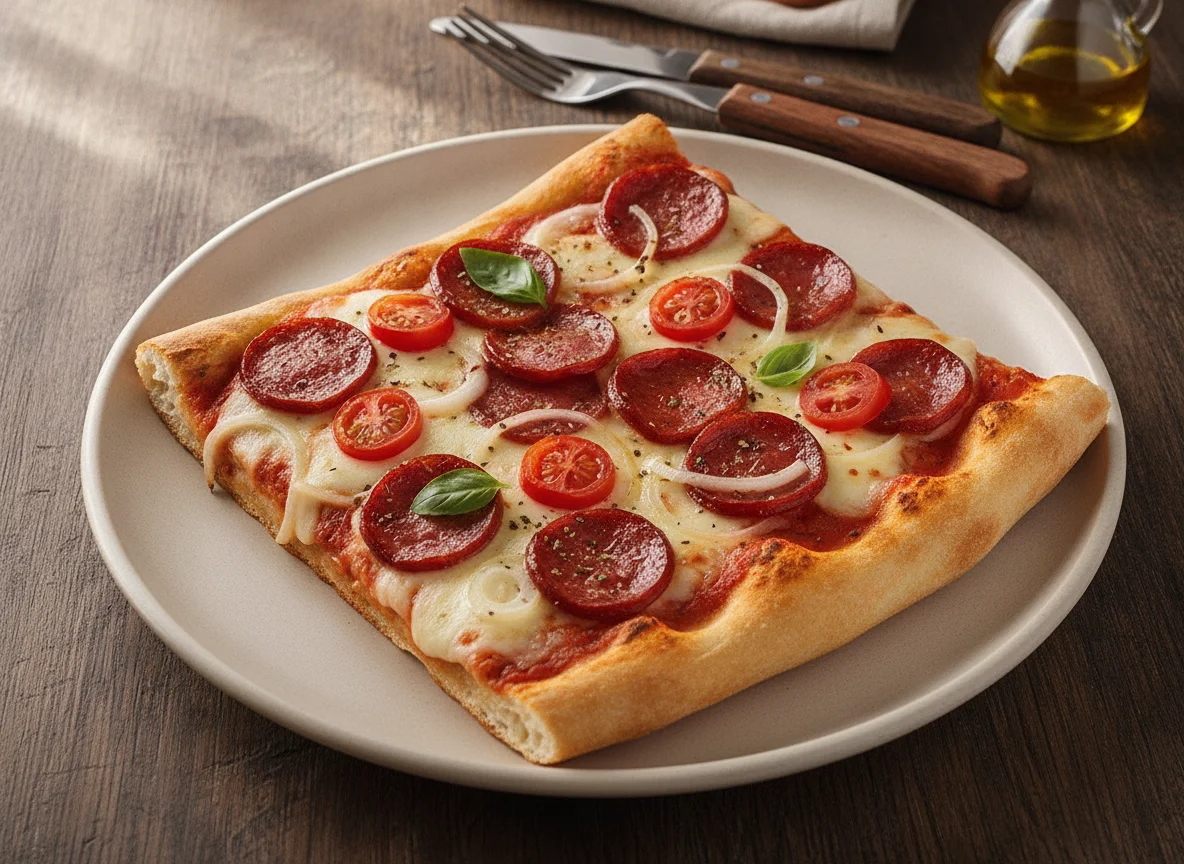 Fatia de Pizza de Calabresa com Queijo e Tomate photo