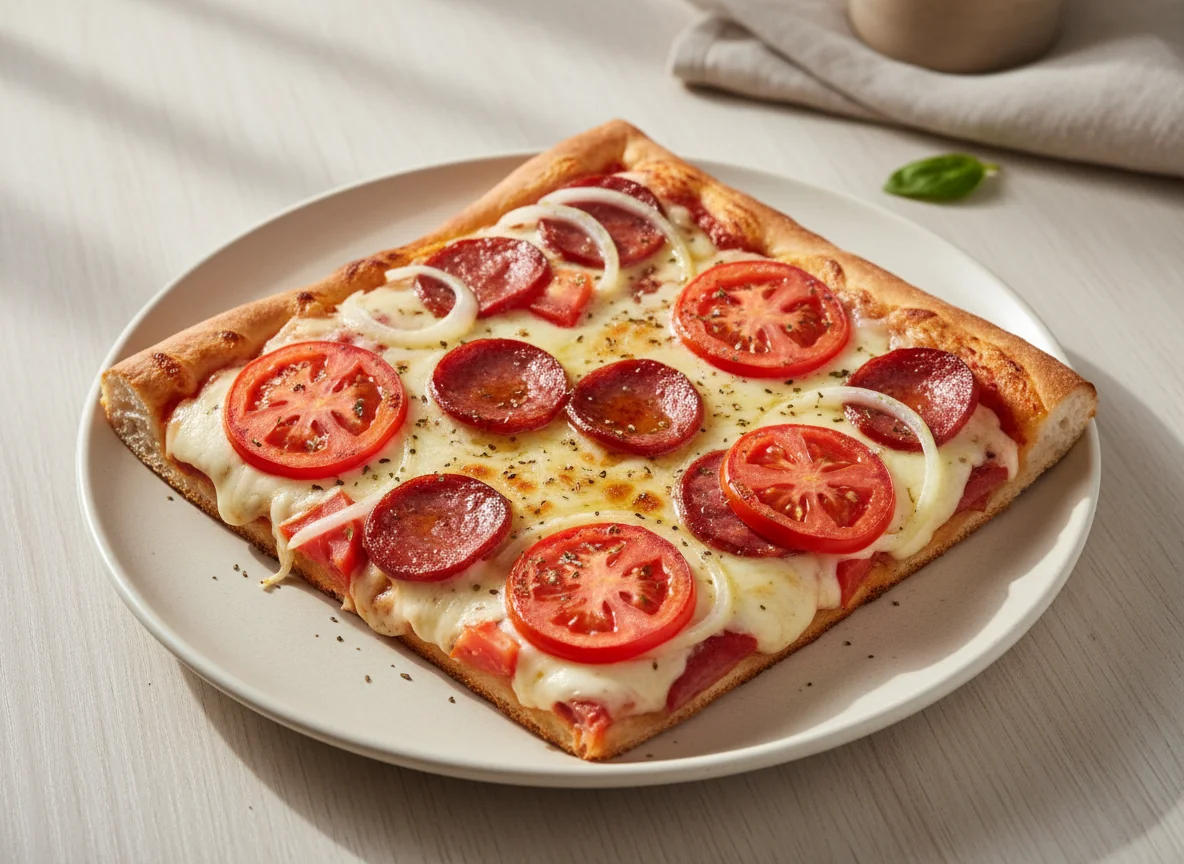 Fatia de Pizza de Calabresa com Queijo, Tomate e Cebola photo