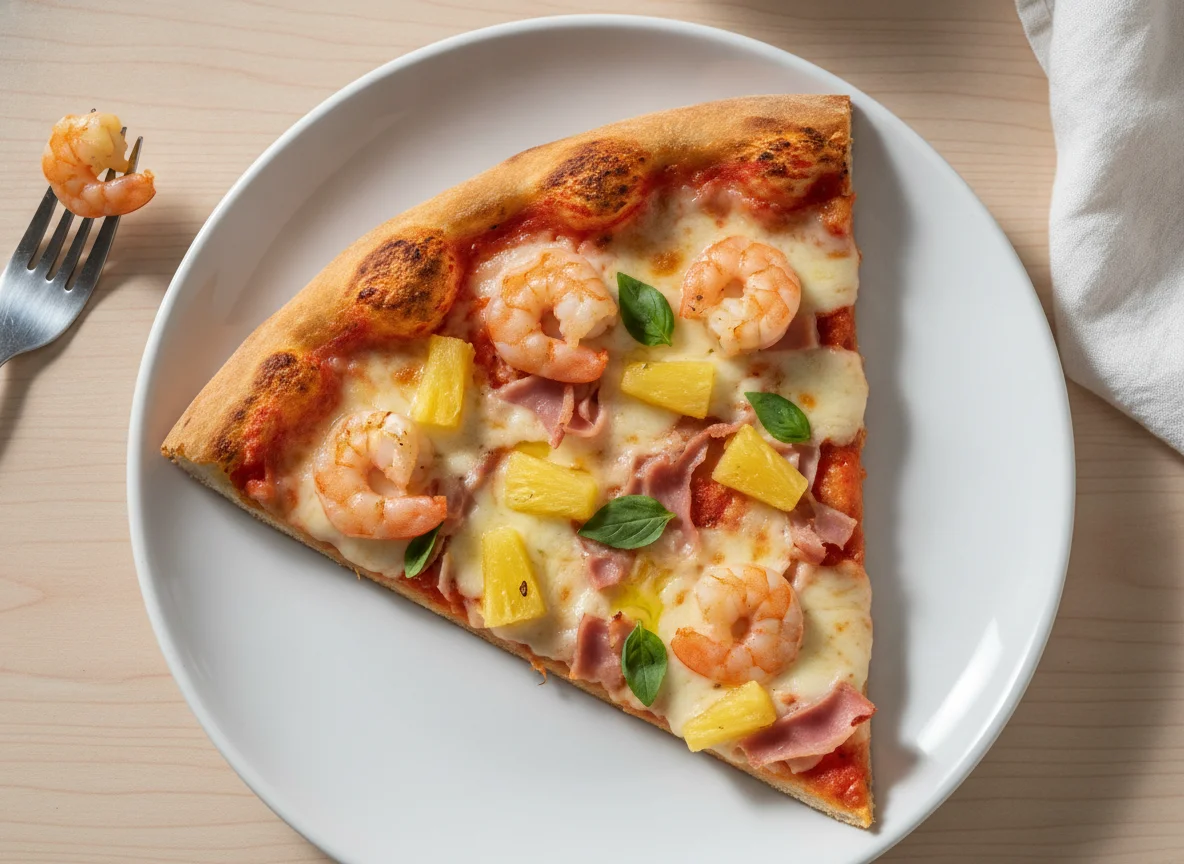 Fatia de Pizza de Camarão e Fiambre com Abacaxi photo