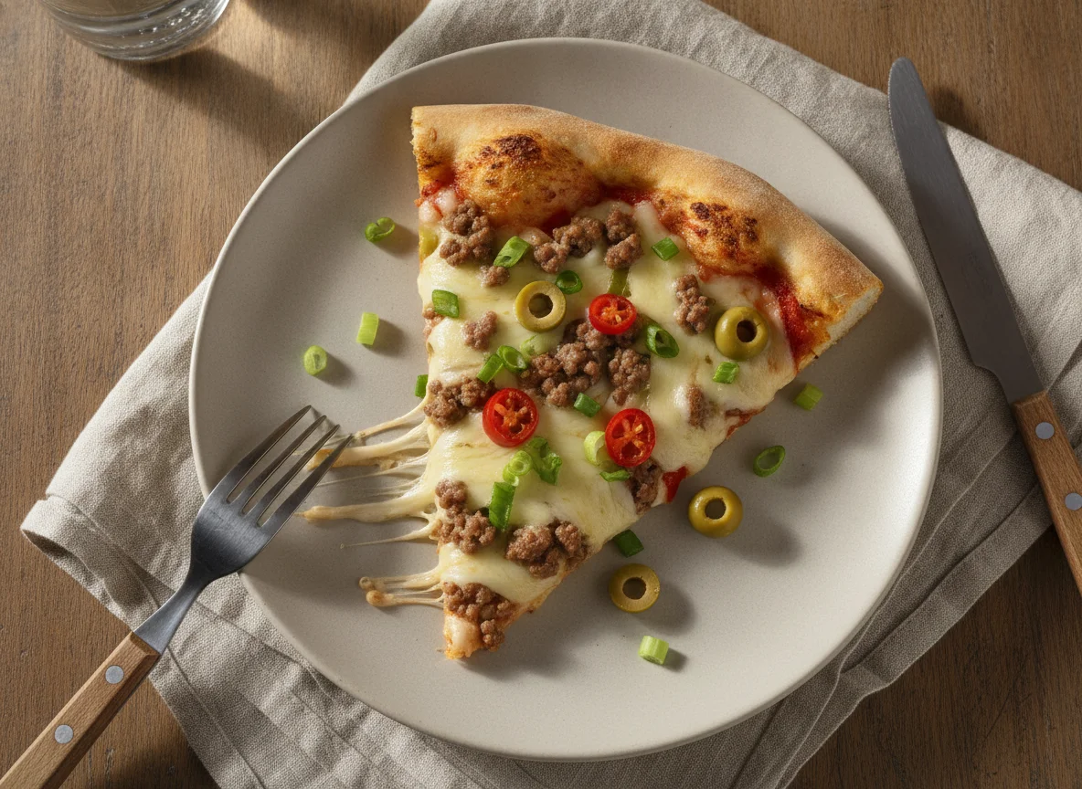 Fatia de Pizza de Carne com Pimentão e Azeitona photo