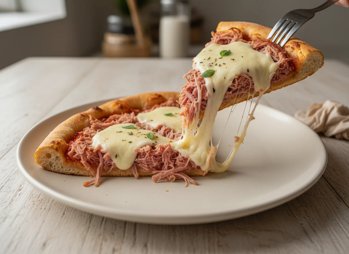 Fatia de pizza de carne desfiada com queijo photo