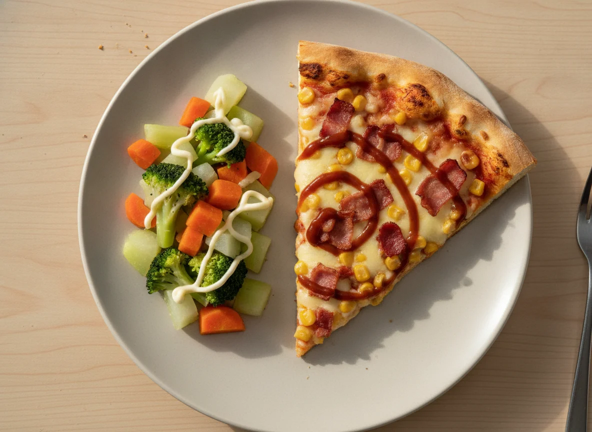 Fatia de pizza de milho e bacon com salada de legumes photo