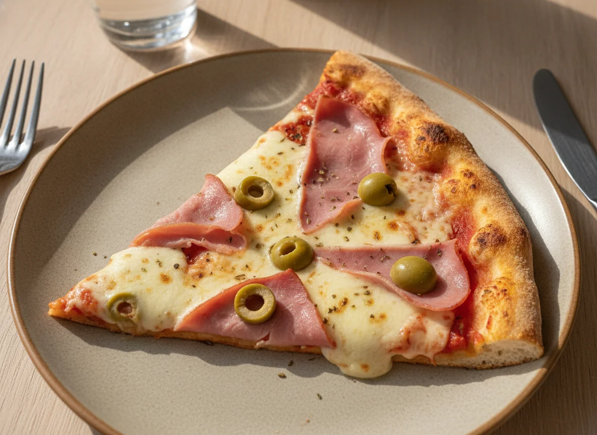 Fatia de Pizza de Presunto e Queijo com Azeitona photo