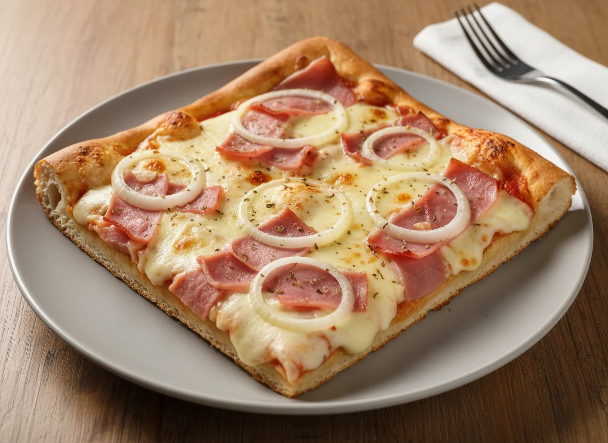 Fatia de Pizza de Presunto e Queijo com Cebola photo