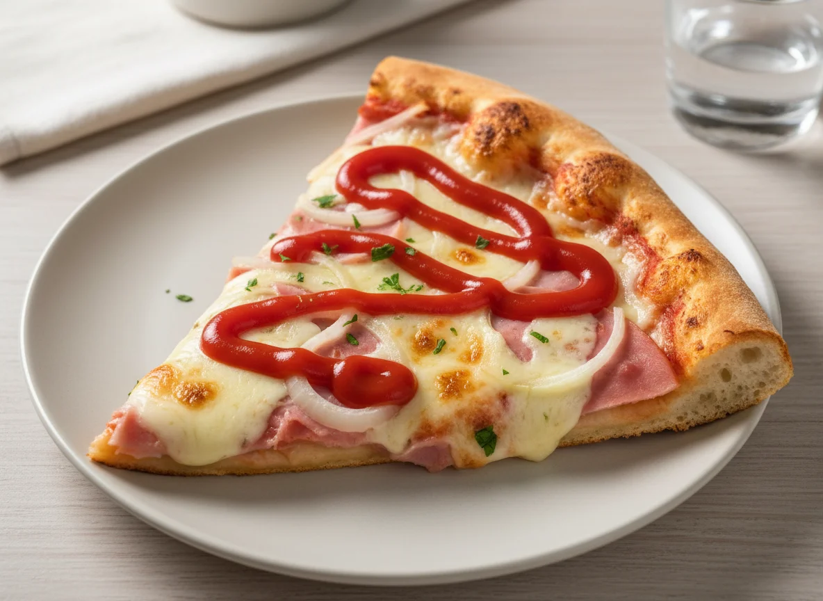 Fatia de pizza de presunto e queijo com cebola e ketchup photo