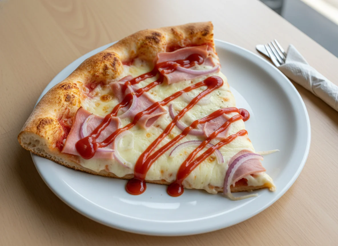 Fatia de pizza de presunto e queijo com ketchup e cebola photo