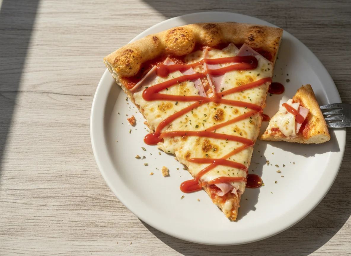 Fatia de Pizza de Queijo e Presunto com Ketchup photo