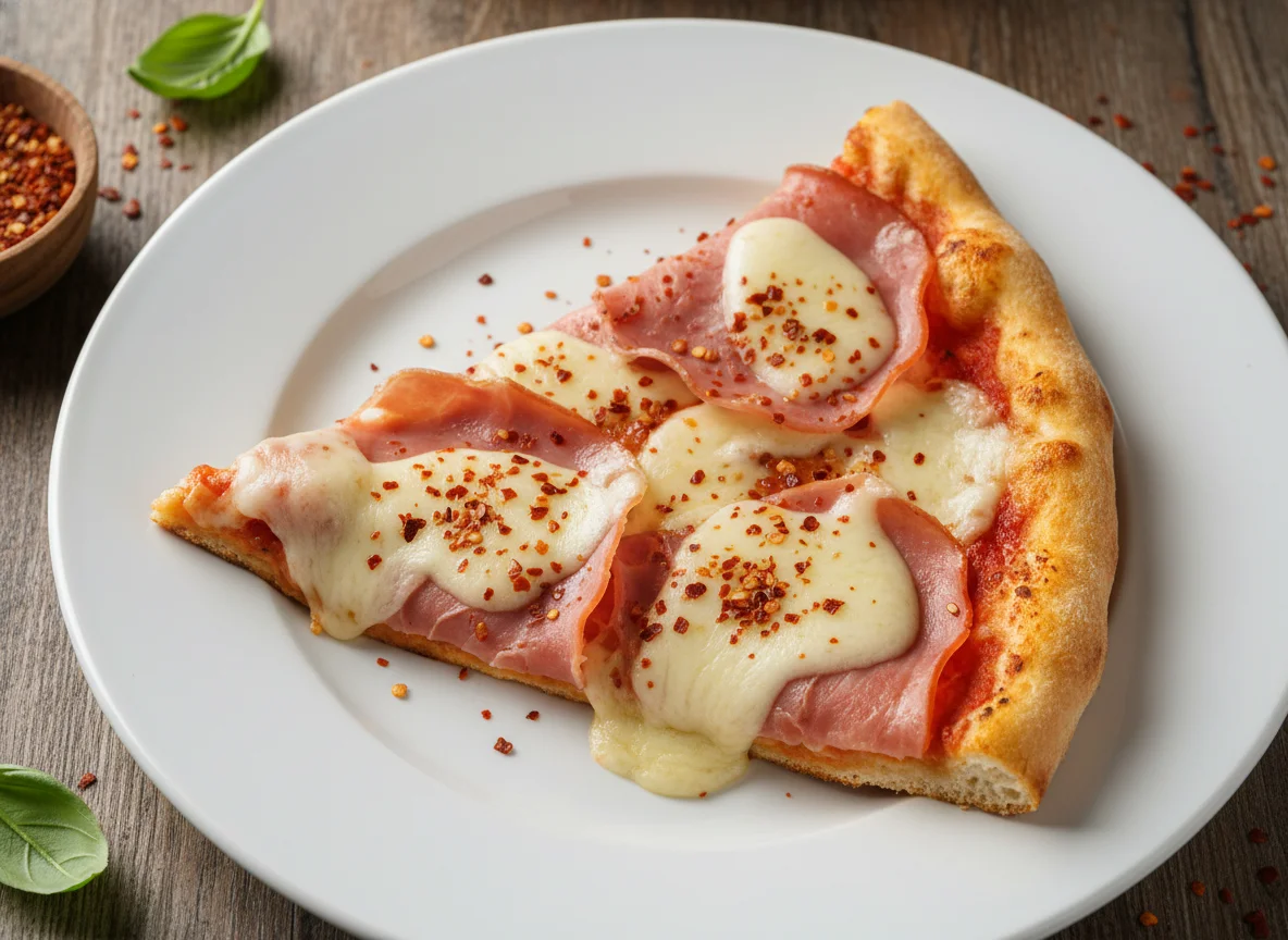 Fatia de pizza de queijo e presunto com pimenta calabresa photo