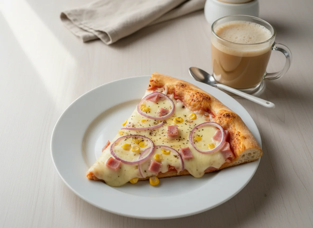 Fatia de pizza e café com leite photo