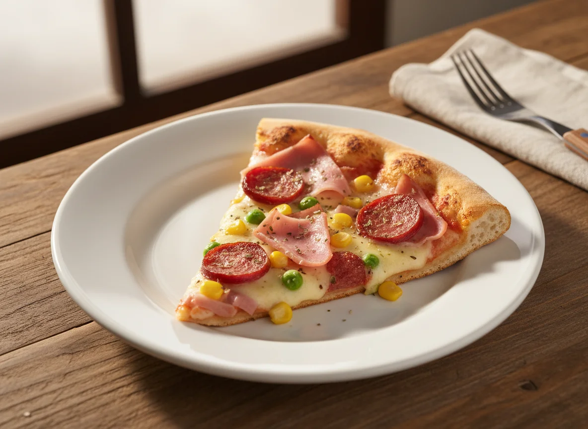 Fatia de pizza mista com milho e ervilha photo