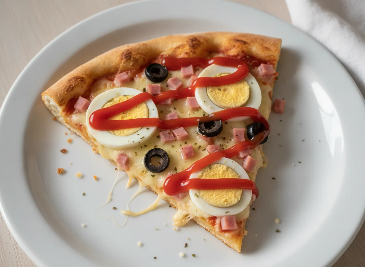 Fatia de Pizza Portuguesa com Ketchup photo
