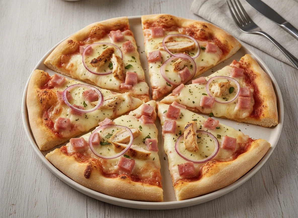 Fatias de Pizza com Fiambre, Frango e Cebola Roxa photo