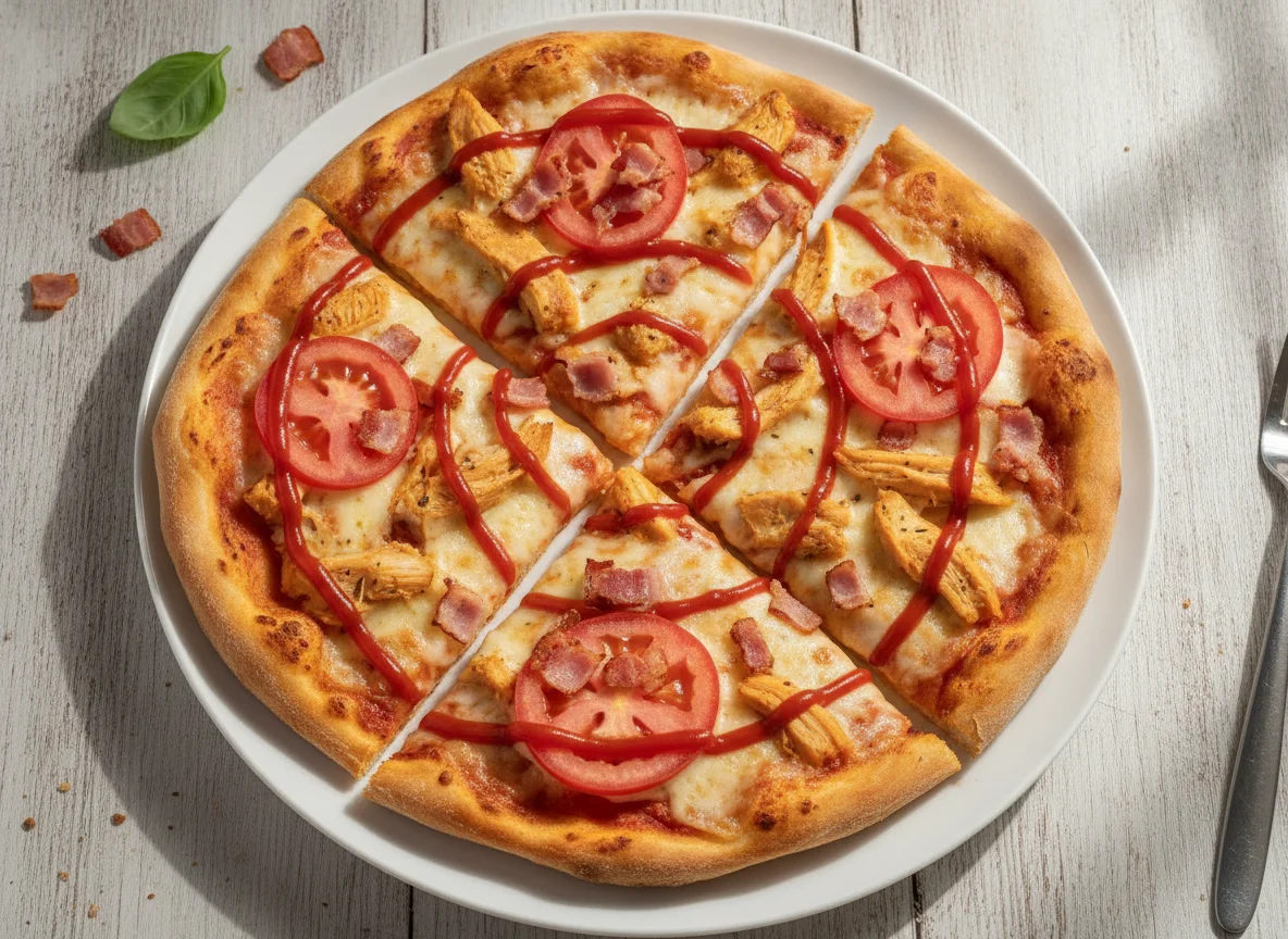 Fatias de Pizza com Frango, Bacon e Ketchup photo