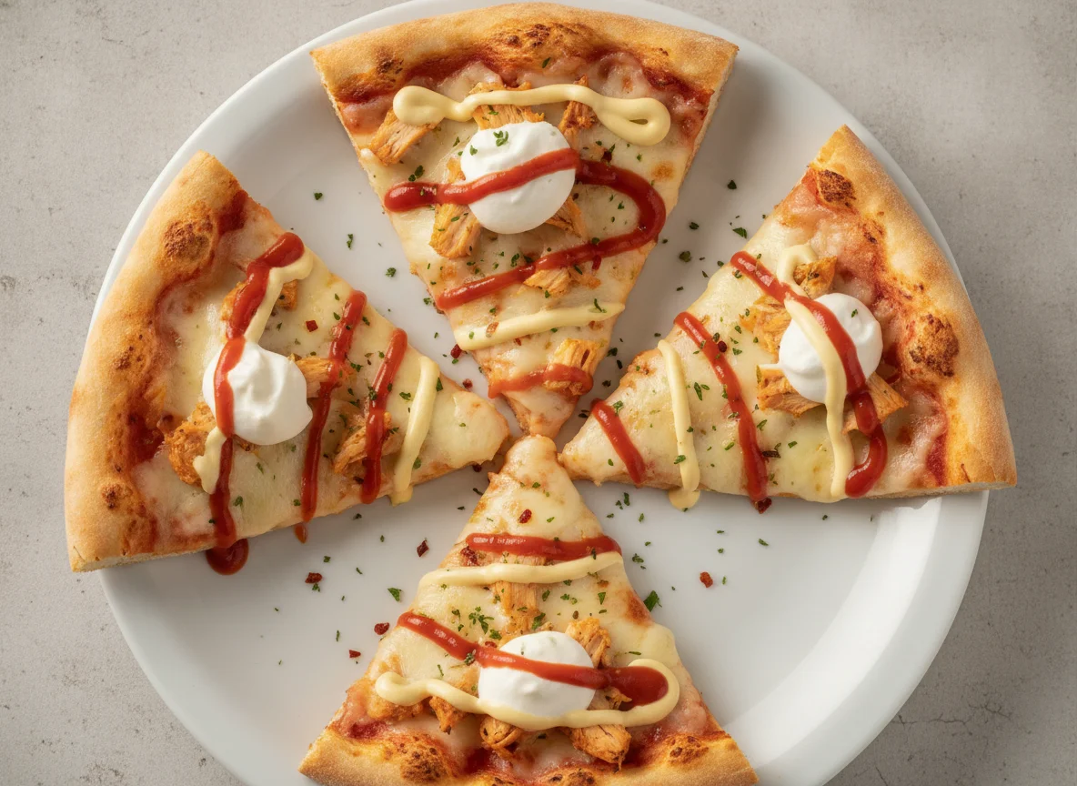 Fatias de Pizza com Frango, Catupiry e Ketchup photo