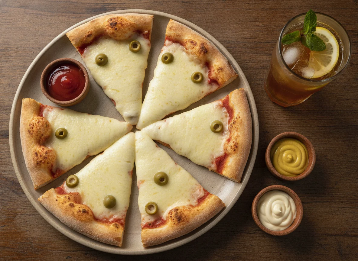 Fatias de pizza com molhos e chá gelado photo