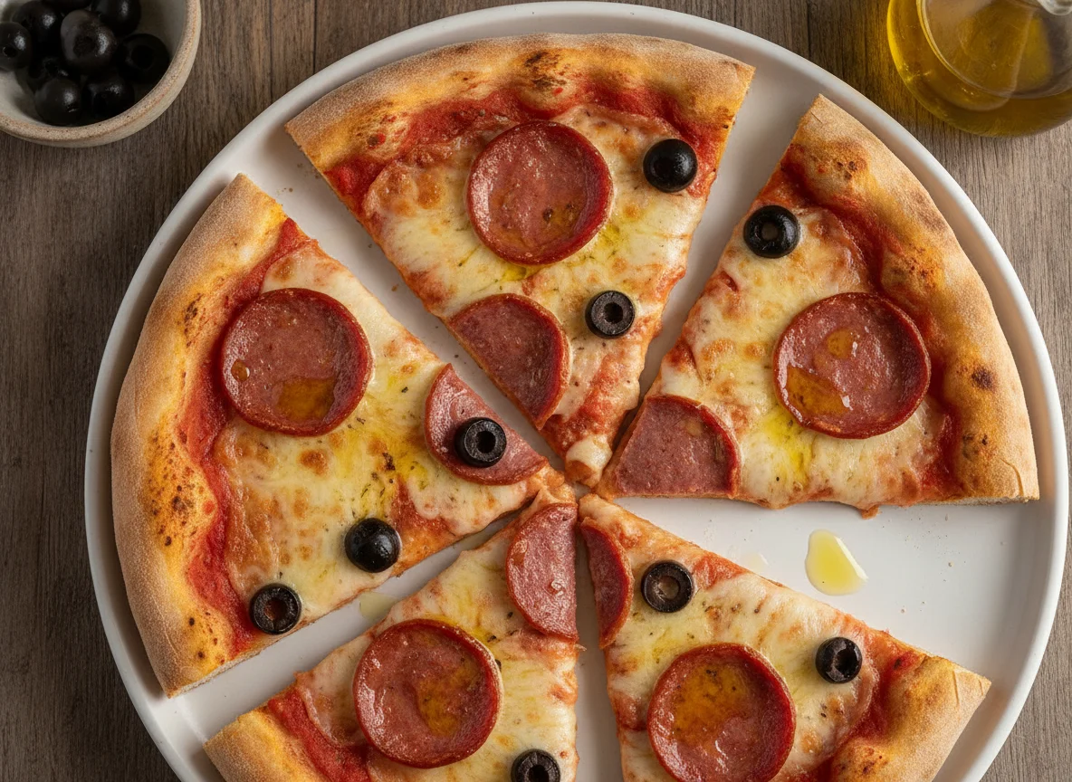 Fatias de Pizza de Calabresa com Queijo e Azeitona photo